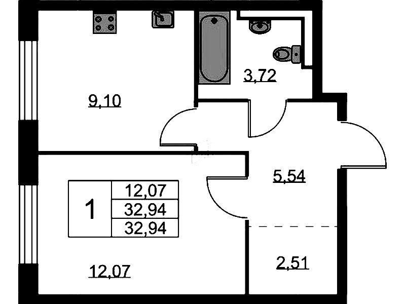 1-комнатная квартира 32.94 м², 2/9 эт., ЖК «Квартал Лаголово»